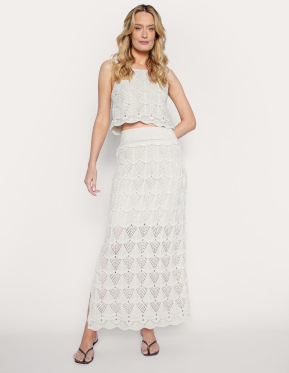 Conj bl cropped+saia lg tricot  Bege claro