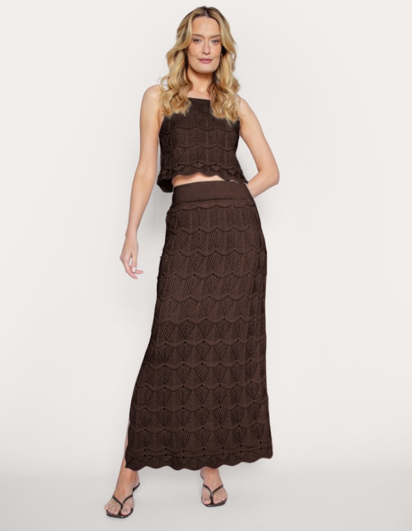 Conj bl cropped+saia lg tricot  Marrom