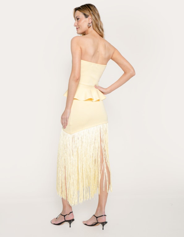 Conj bl peplum+saia midi franja tricot Amarelo