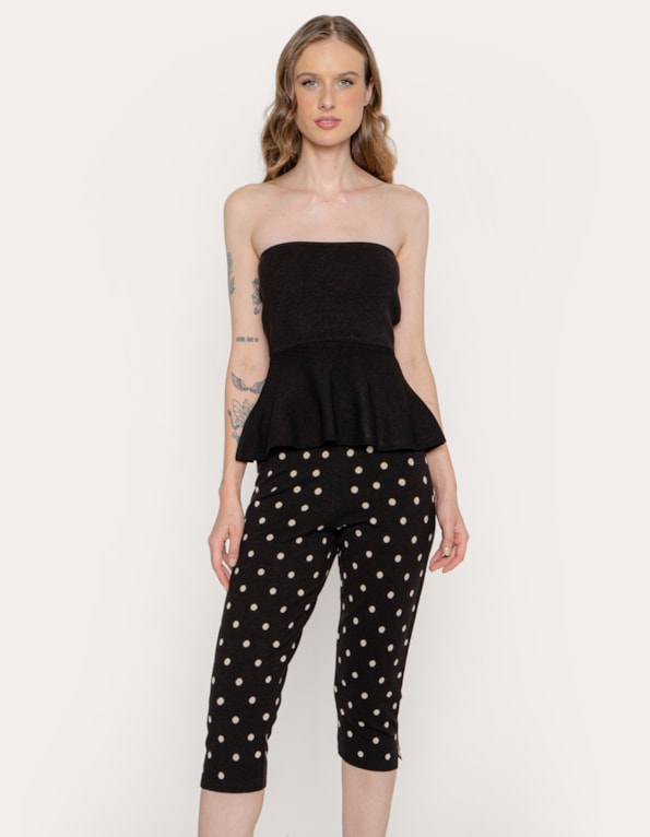 Conj bl peplum tqc+calça capri poa Preto/preto