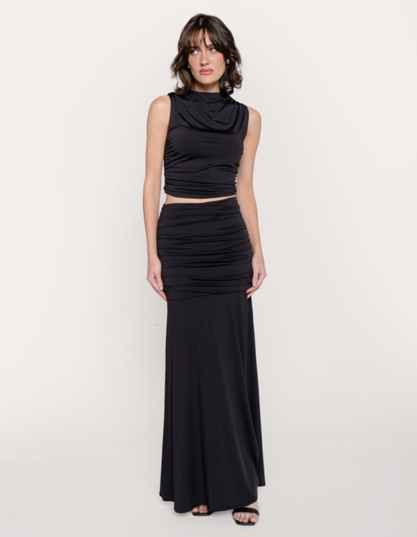 Conj blusa cropped+saia longa drapeada Preto