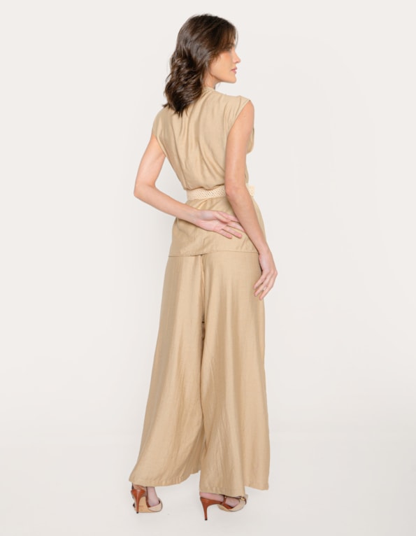 Conj blusa degage+calça pantalona cinto trançado Bege