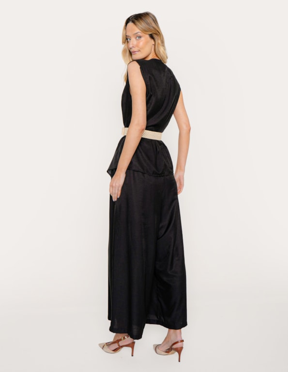 Conj blusa degage+calça pantalona cinto trançado Preto