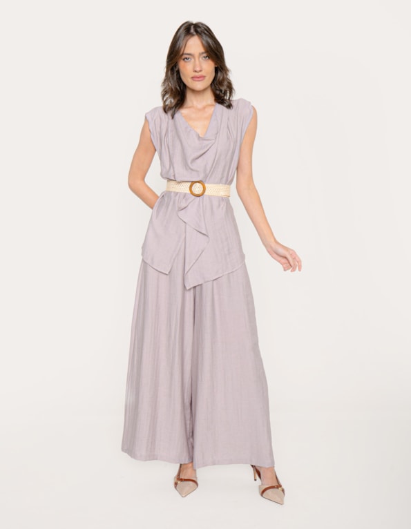 Conj blusa degage+calça pantalona cinto trançado Roxo claro