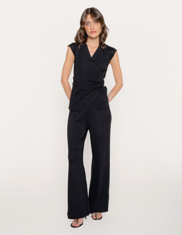 Conj blusa drapeada fivela+calça tricot Preto