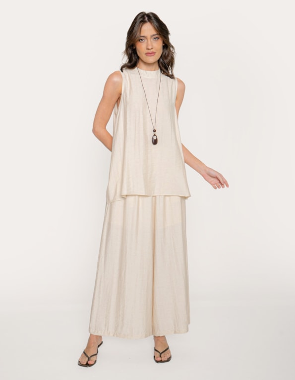 Conj blusa evasê com colar+calça pantacourt  Bege claro