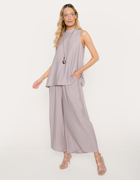 Conj blusa evasê com colar+calça pantacourt  Roxo claro