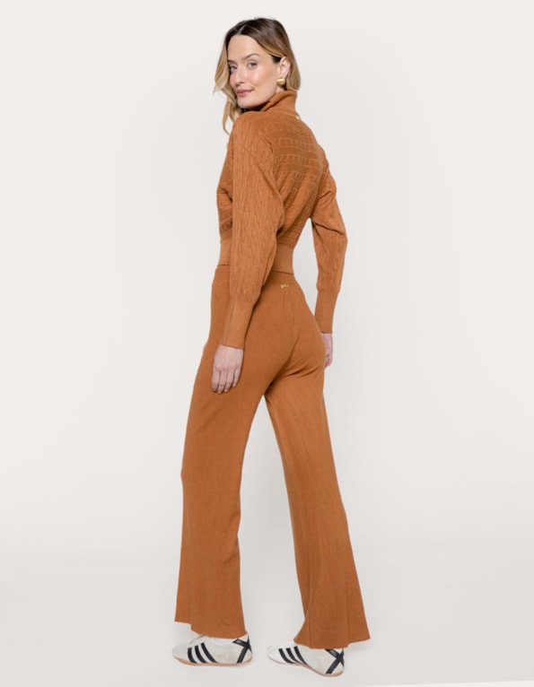 Conj blusa gola alta+calça amarração tricot trança Marrom