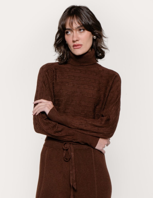 Conj blusa gola alta+calça amarração tricot trança Marrom escuro