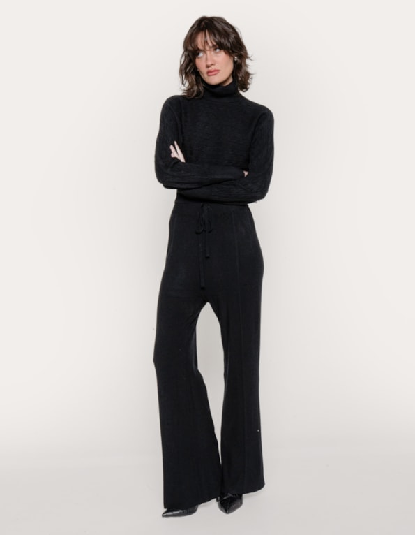 Conj blusa gola alta+calça amarração tricot trança Preto