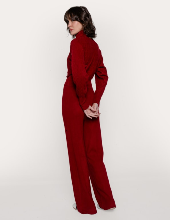 Conj blusa gola alta+calça amarração tricot trança Vermelho escuro