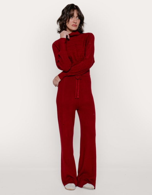 Conj blusa gola alta+calça amarração tricot trança Vermelho escuro