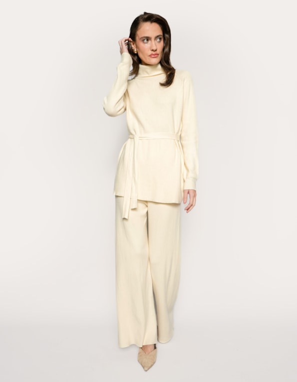 Conj blusa gola alta+calça pantalona tricot