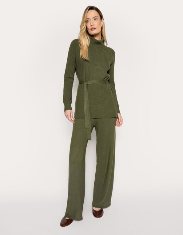 Conj blusa gola alta+calça pantalona tricot
