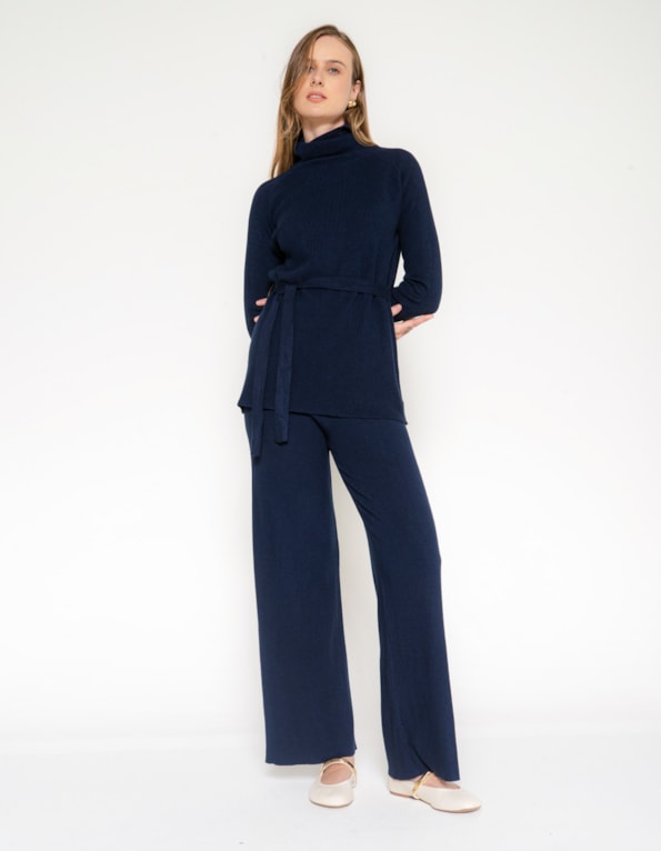 Conj blusa gola alta+calça pantalona tricot