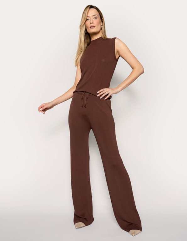 Conj blusa gola alta + calca pantalona tricot comfy