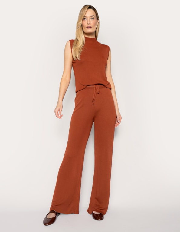 Conj blusa gola alta + calca pantalona tricot comfy