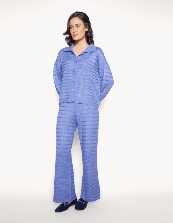 Conj blusa manga longa botões+calça pantalona tricot Azul