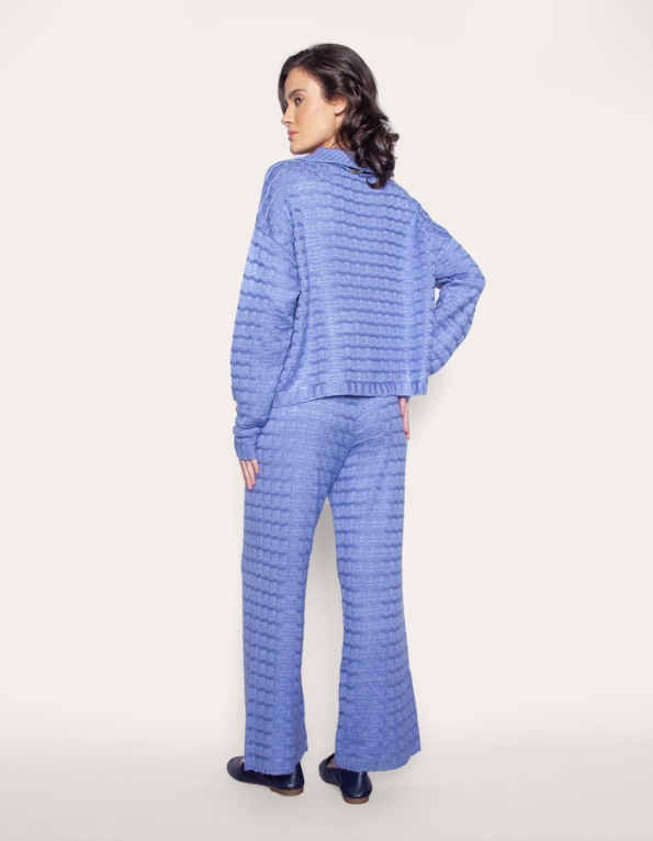Conj blusa manga longa botões+calça pantalona tricot Azul