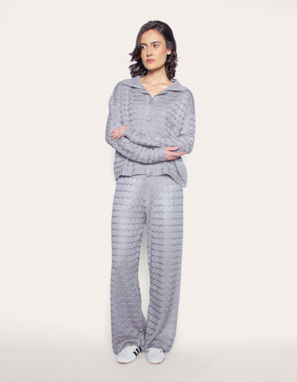 Conj blusa manga longa botões+calça pantalona tricot Cinza