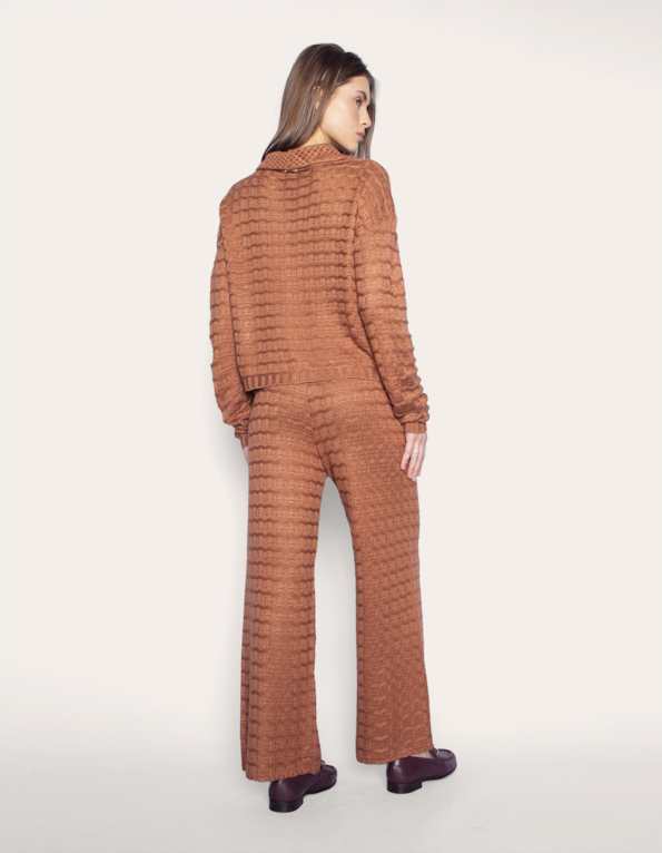 Conj blusa manga longa botões+calça pantalona tricot Marrom