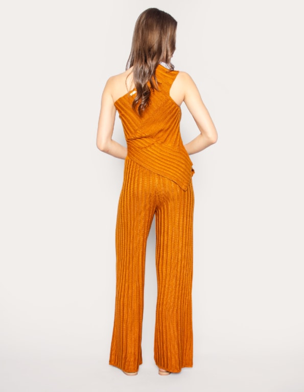 Conj blusa ombro só+calça pantalona tricot Amendoa