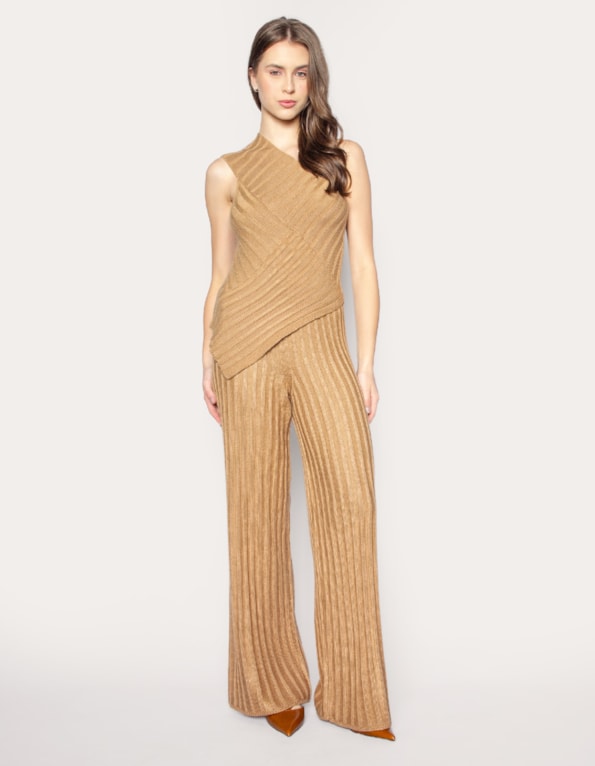 Conj blusa ombro só+calça pantalona tricot Bege medio
