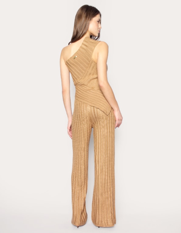 Conj blusa ombro só+calça pantalona tricot Bege medio