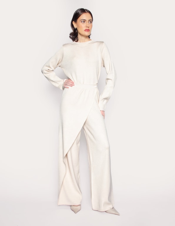 Conj blusa tricot+calca botao tricot Off white