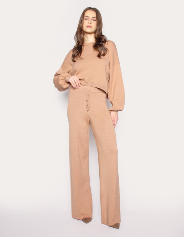 Conj blusa tricot+calca pantalona tricot Bege medio