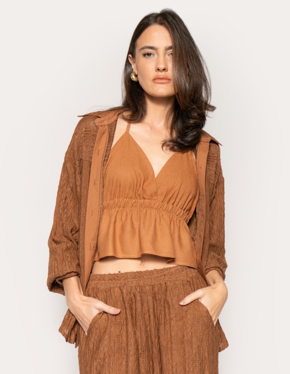 Conj camisa manga longa+calça wide texturizado