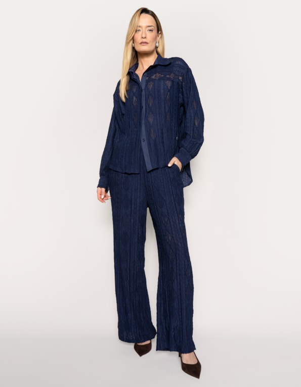 Conj camisa manga longa+calça wide texturizado