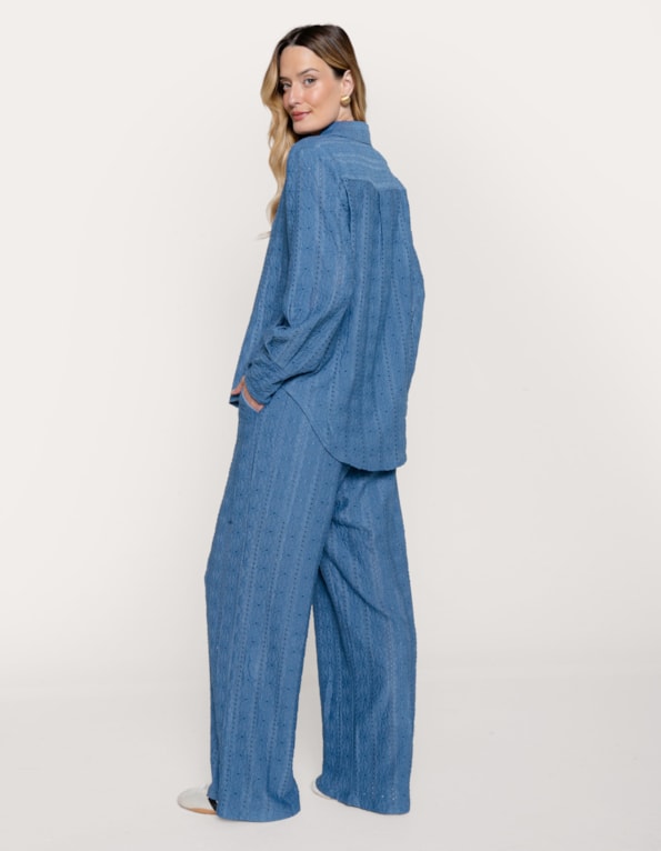 Conj camisa manga longa+calça wide texturizado Azul