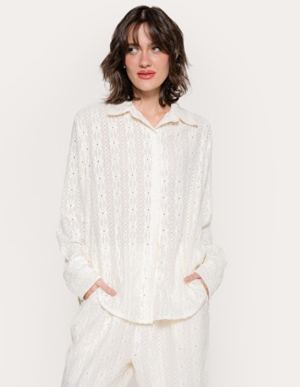 Conj camisa manga longa+calça wide texturizado Off white