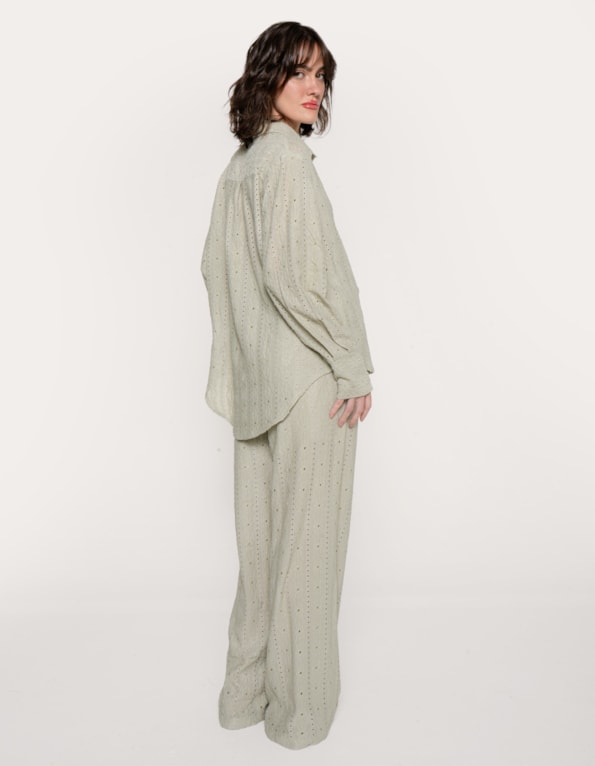 Conj camisa manga longa+calça wide texturizado Oliva claro