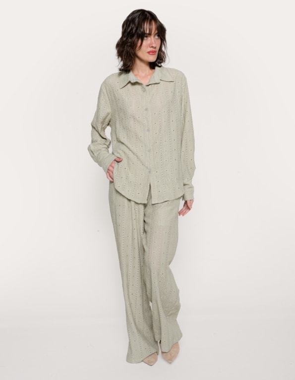 Conj camisa manga longa+calça wide texturizado Oliva claro