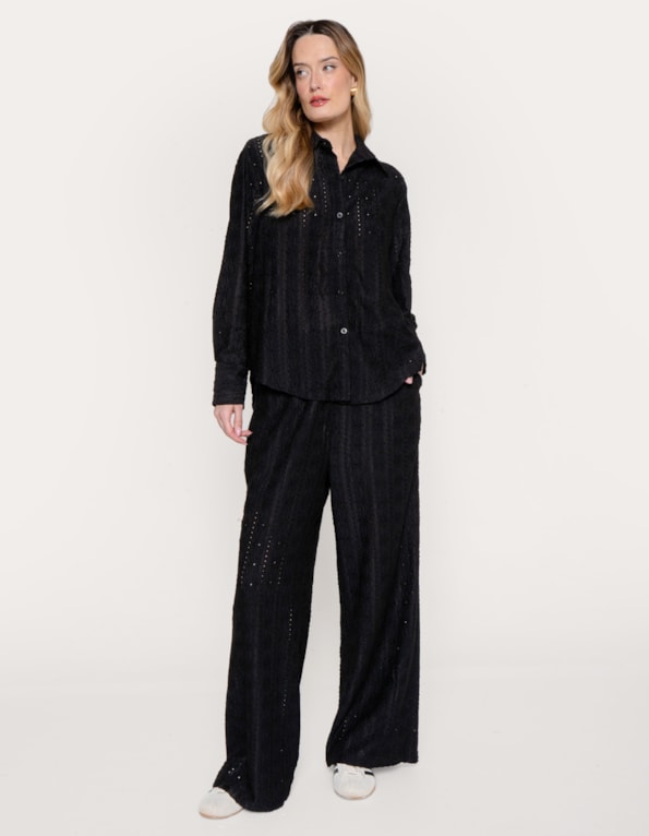 Conj camisa manga longa+calça wide texturizado Preto