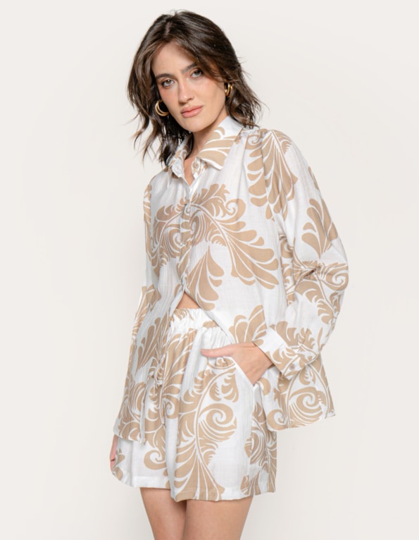 Conj camisa manga longa+short estampado Branco/bege medio