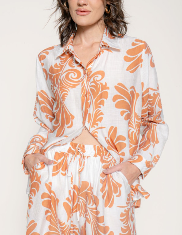 Conj camisa manga longa+short estampado Branco/marrom claro