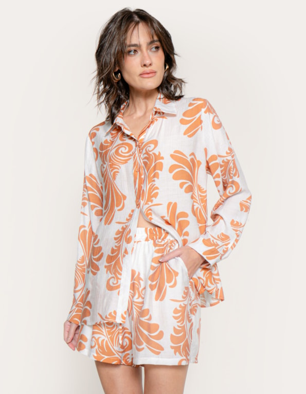 Conj camisa manga longa+short estampado Branco/marrom claro