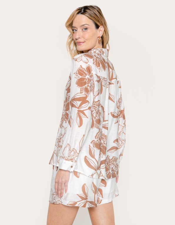 Conj camisa manga longa+short estampado Branco/marrom escuro