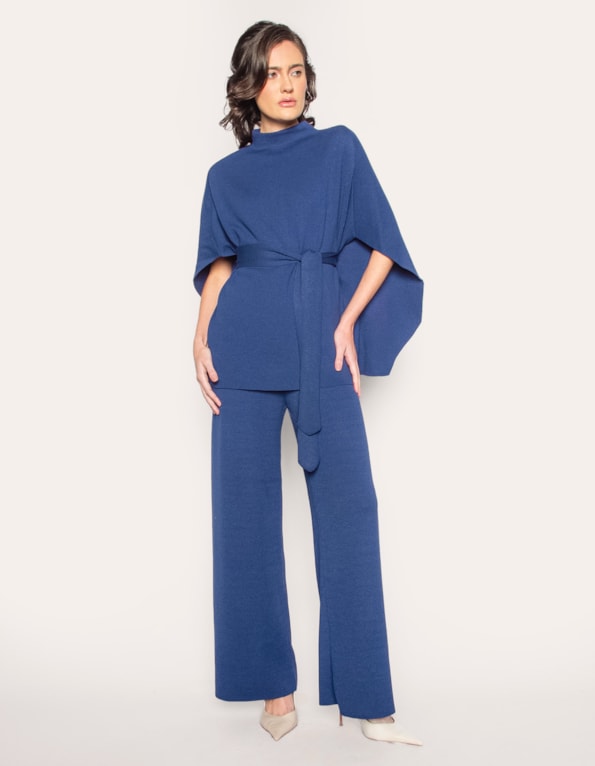 Conj casaco capa+calca pantalona tricot Azul medio