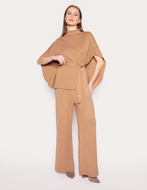 Conj casaco capa+calca pantalona tricot Bege medio