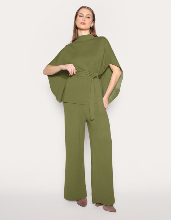 Conj casaco capa+calca pantalona tricot Oliva