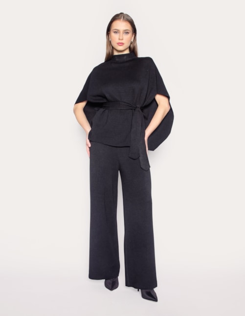 Conj casaco capa+calca pantalona tricot Preto