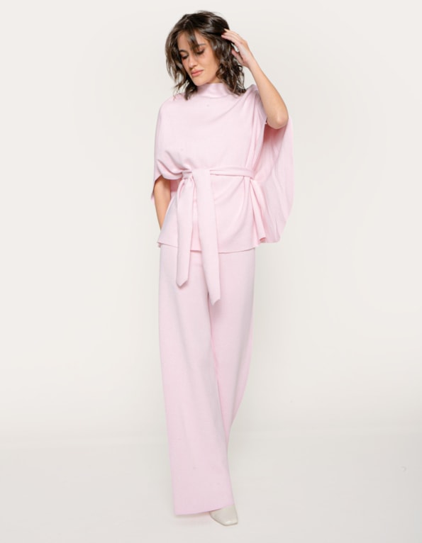 Conj casaco capa+calca pantalona tricot Rosa claro