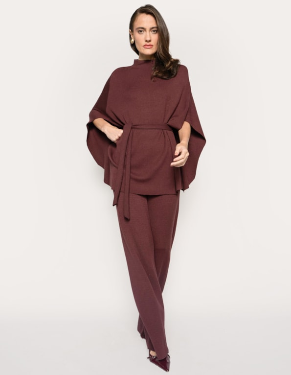 Conj casaco capa+calca pantalona tricot Vermelho escuro