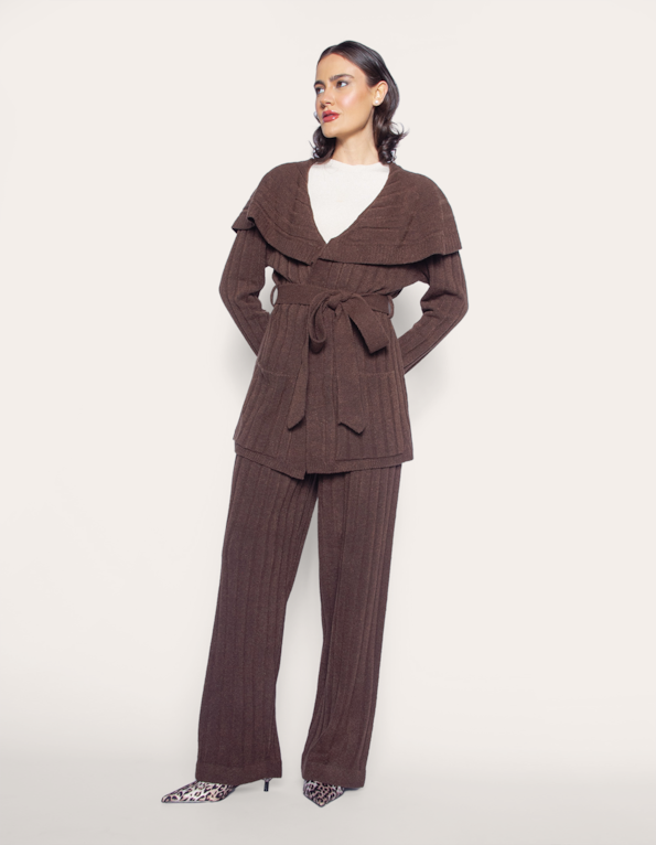 Conj casaco faixa+calca wide tricot Marrom