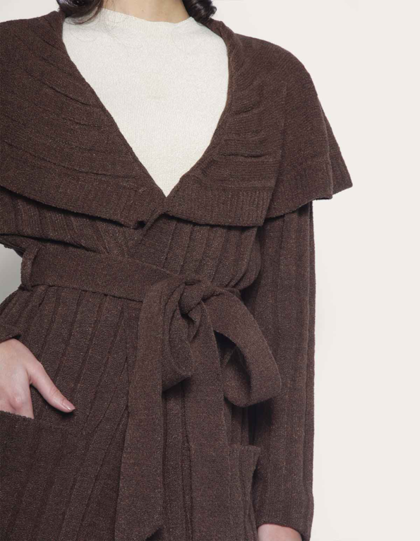 Conj casaco faixa+calca wide tricot Marrom