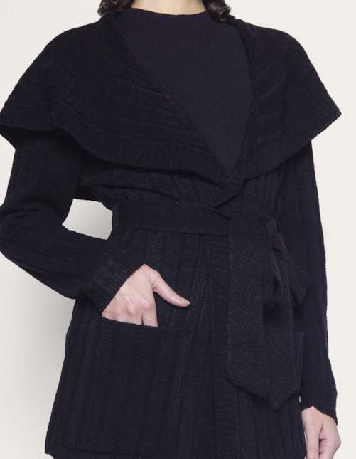 Conj casaco faixa+calca wide tricot Preto